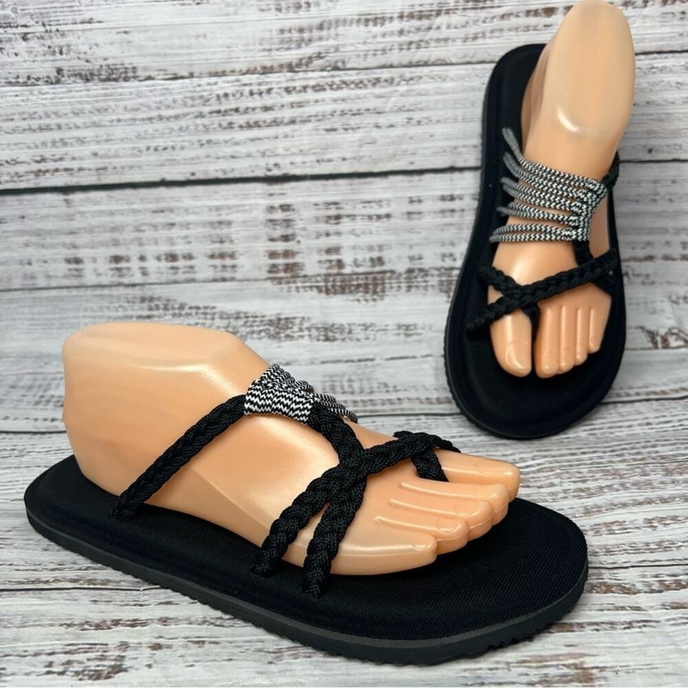 MEGNYA Black Braided Strap Sandals with Silver Accent